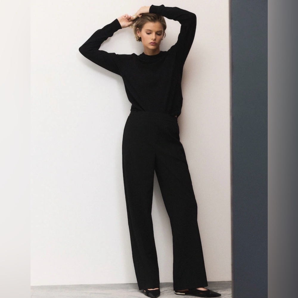 Black Tailored Wide Leg Trousers, flat front.